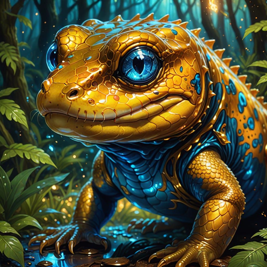 Mystical Salamander Shines with Vibrant Blue Eyes in an Ench...