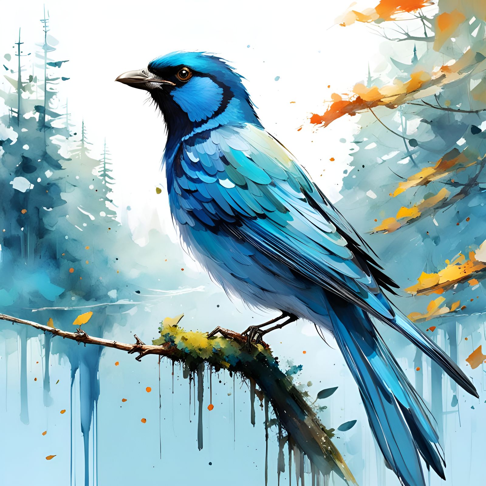 Pastel Bird in Forest, Watercolor Splash Art