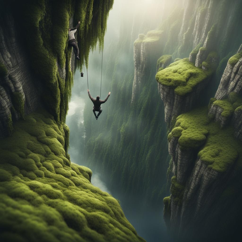 Adventurer on Mossy Cliff: Epic Digital Painting