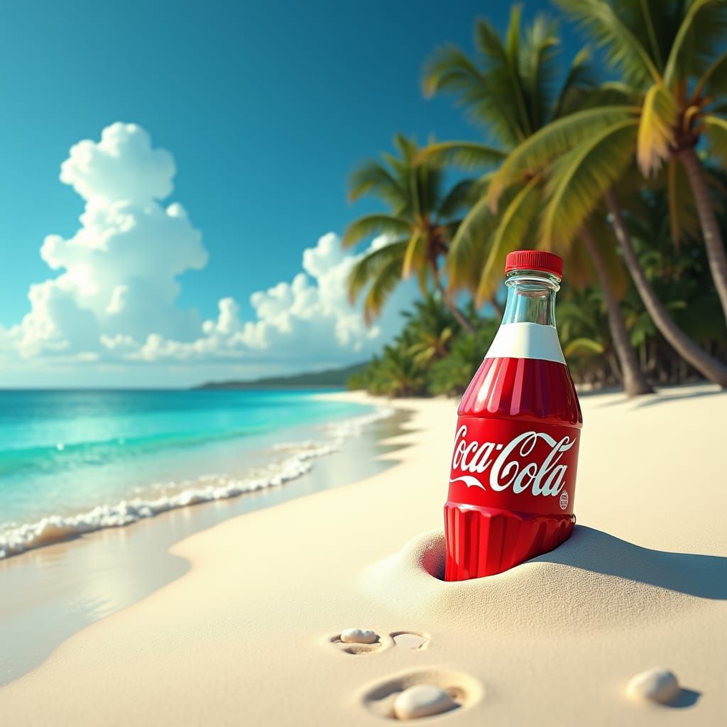 Coca-Cola Bottle on Tropical Beach in Futuristic Realism