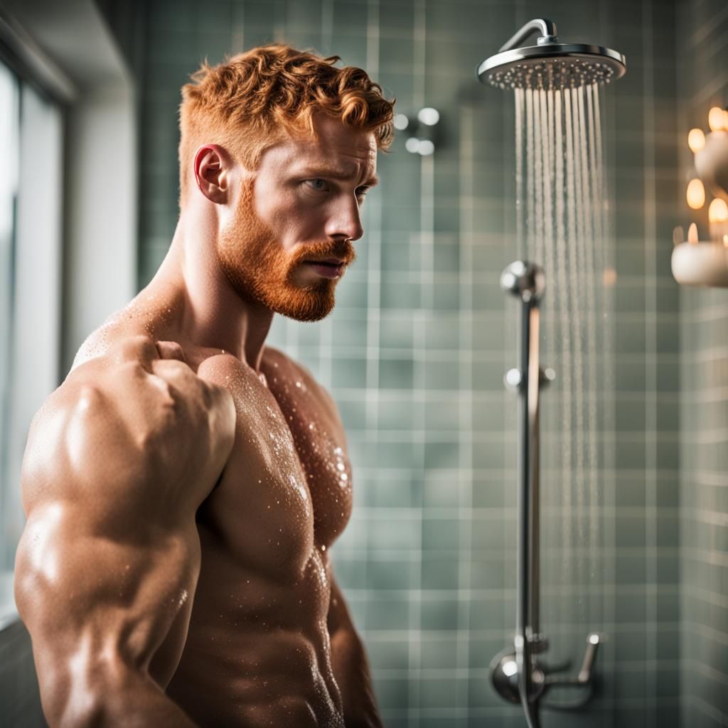 Ginger Muscle Man Showering: Professional Photography