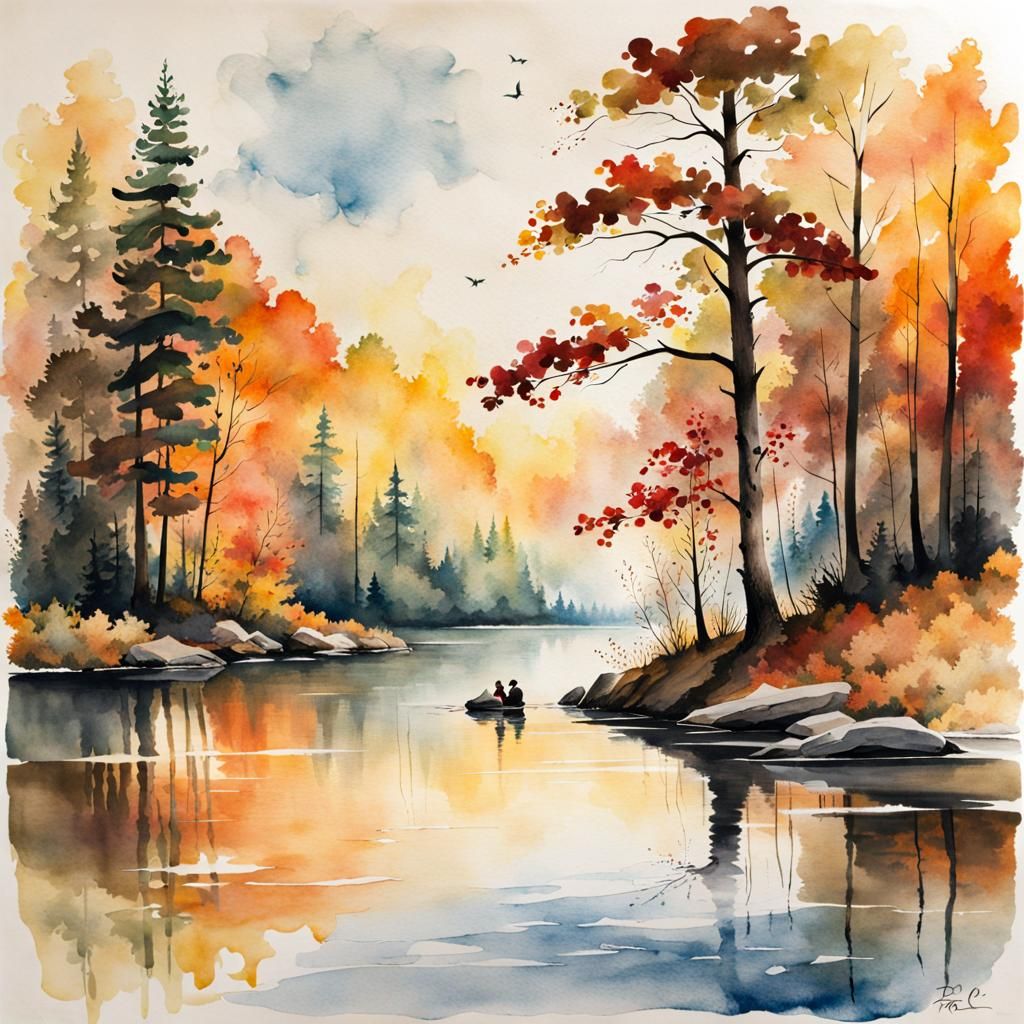 Autumn Forest Watercolor with Lone Traveler
