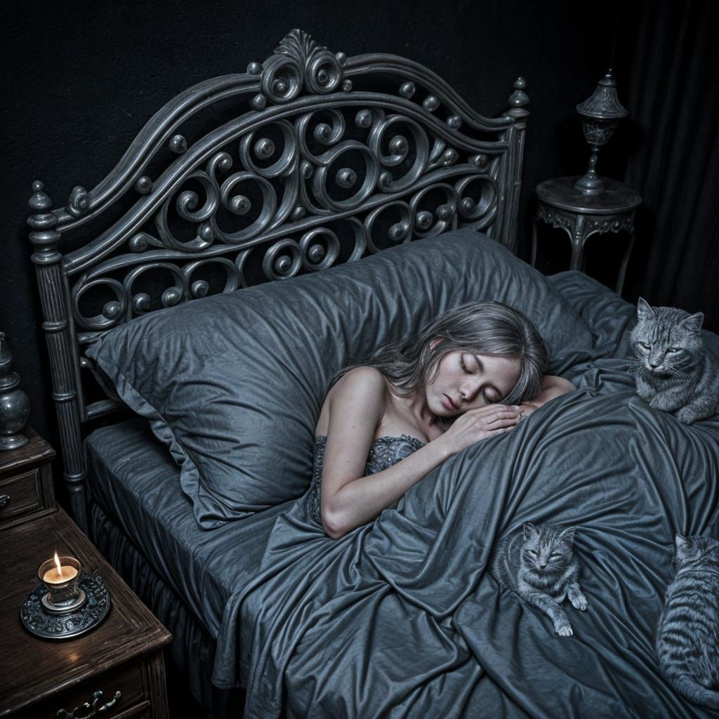 Gothic Girl Protected by Her Silver Cat in a Dark Dreamlike ...