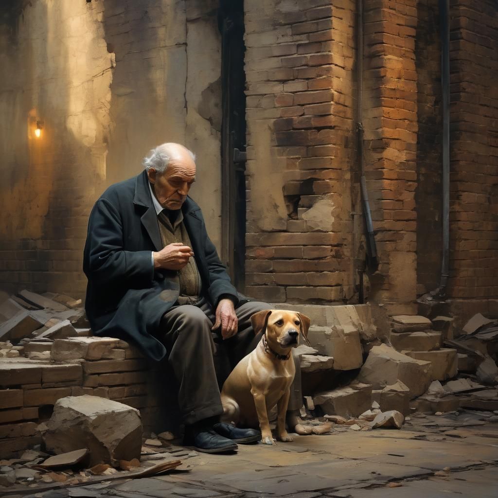 Ruined City: Old Man and Dog in Impasto Oil Painting