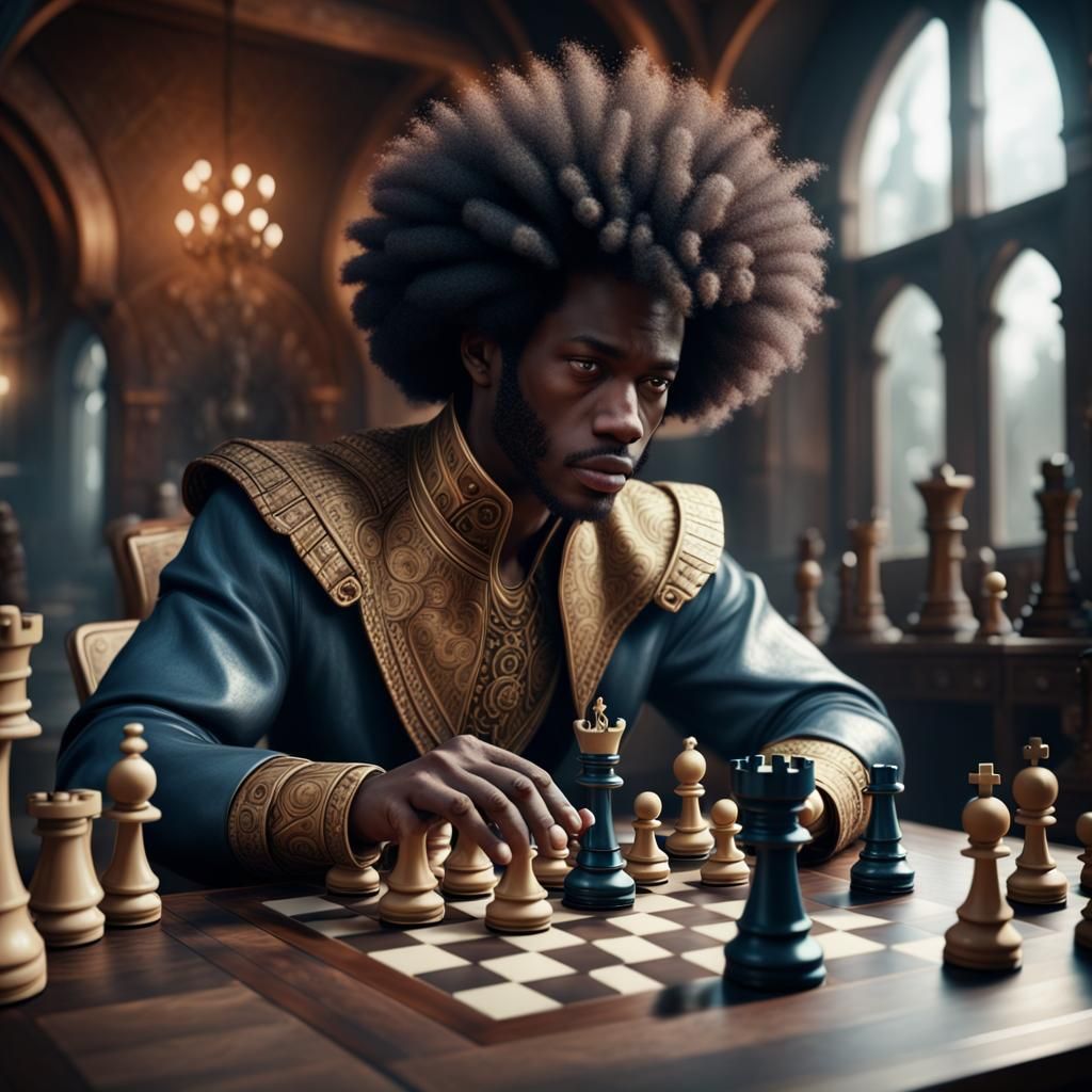 Afro-Wearing Man Plays Chess: Detailed Fantasy Art