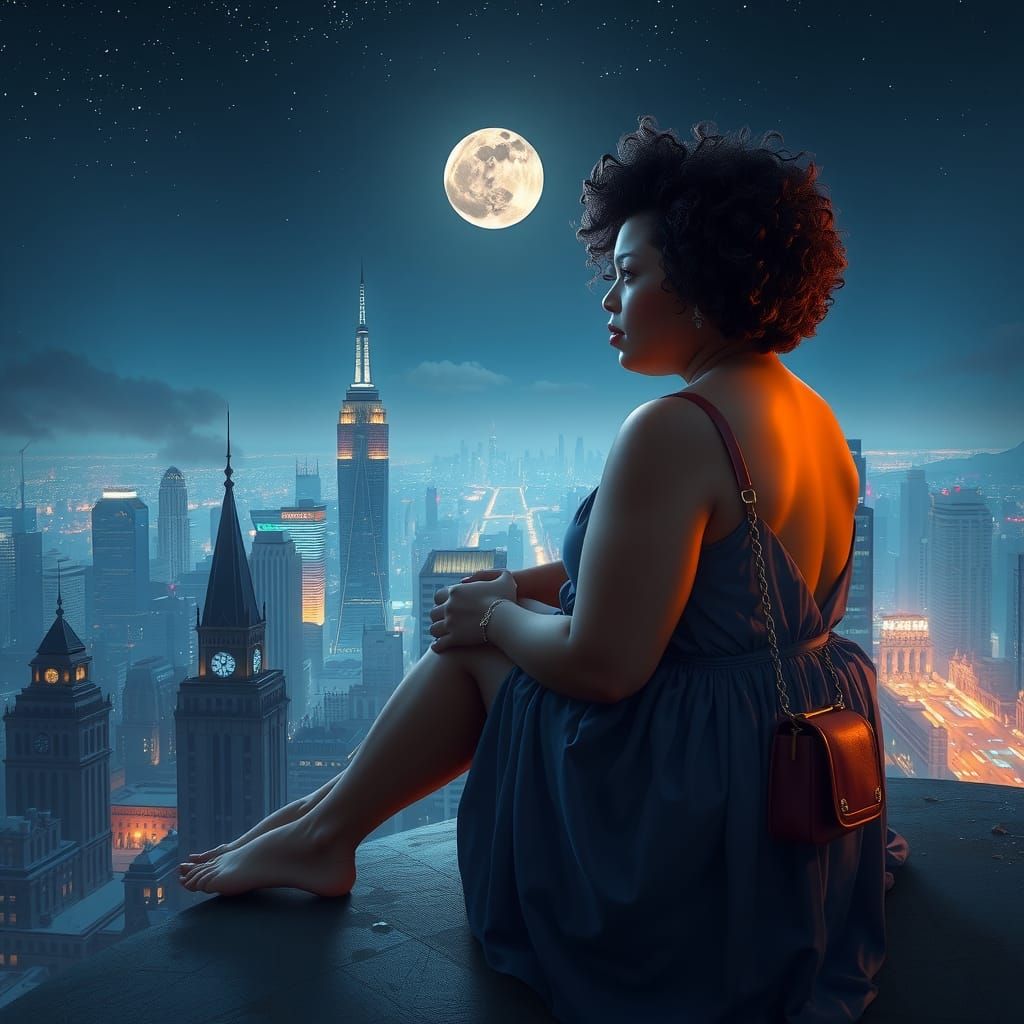 Moonlit Rooftop: Serene Woman Gazing at Cityscape