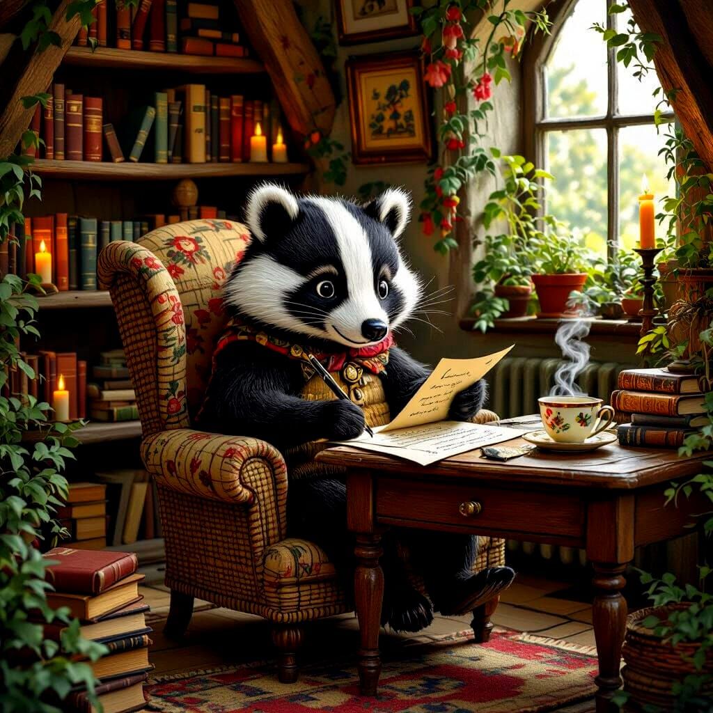 Anthropomorphic Badger Writes Letter in Cosy Cottage