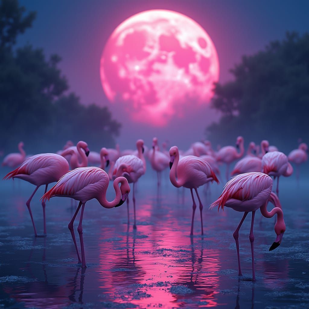 Pink Flamingoes under an Ethereal Ultraviolet Moon