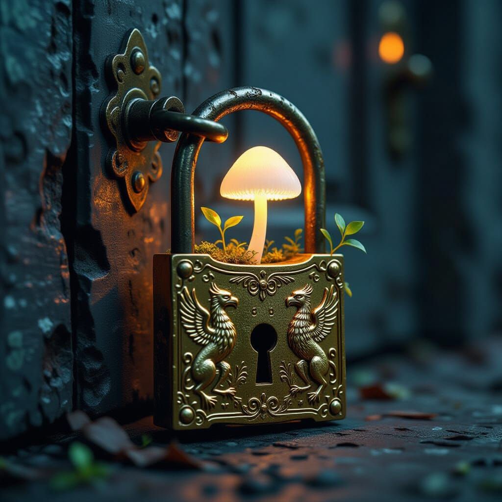 Glowing Mushroom Emerges from Griffin Padlock