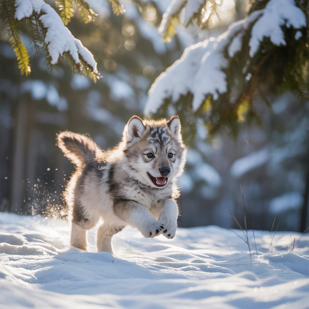 Fluffy Wolf Cub's Joyful Sprint Through Snowy Forest