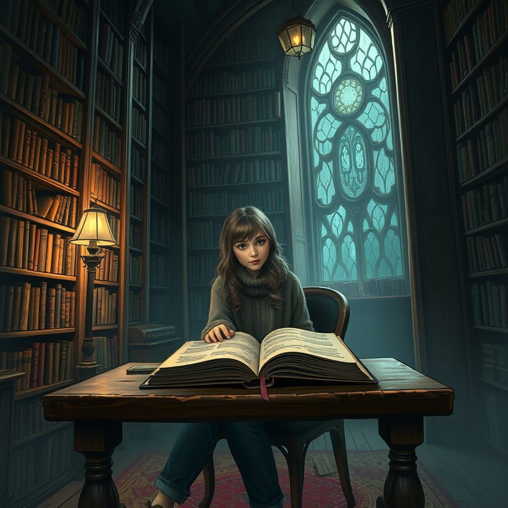 Mystical Library Scene in Whimsical Style