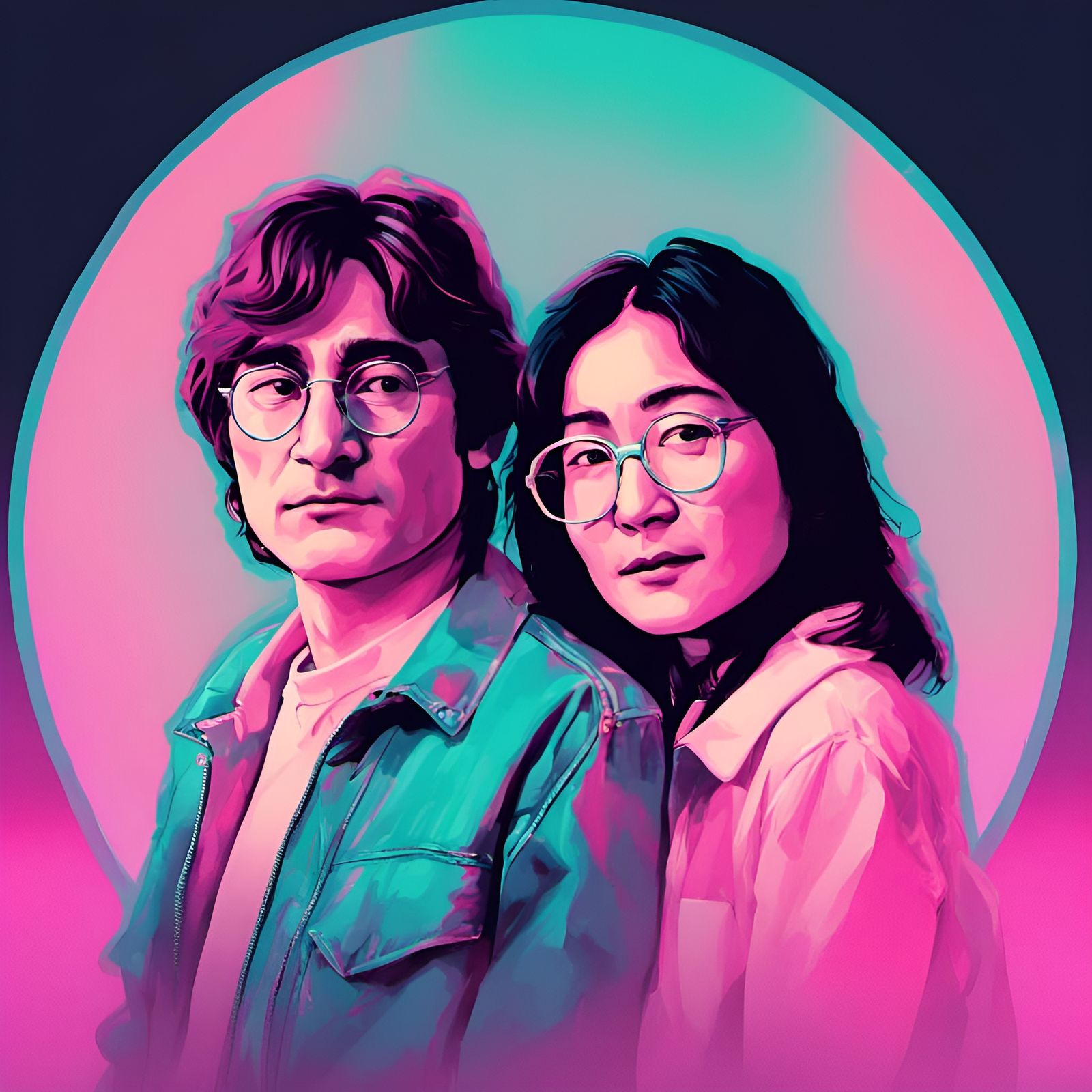 John Lennon and Yoko Ono in Synthwave Style