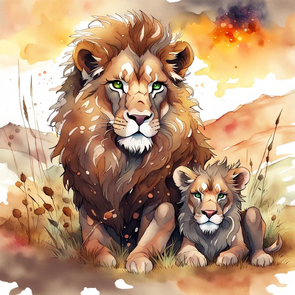Chibi Lion and Cub in Watercolor Twilight