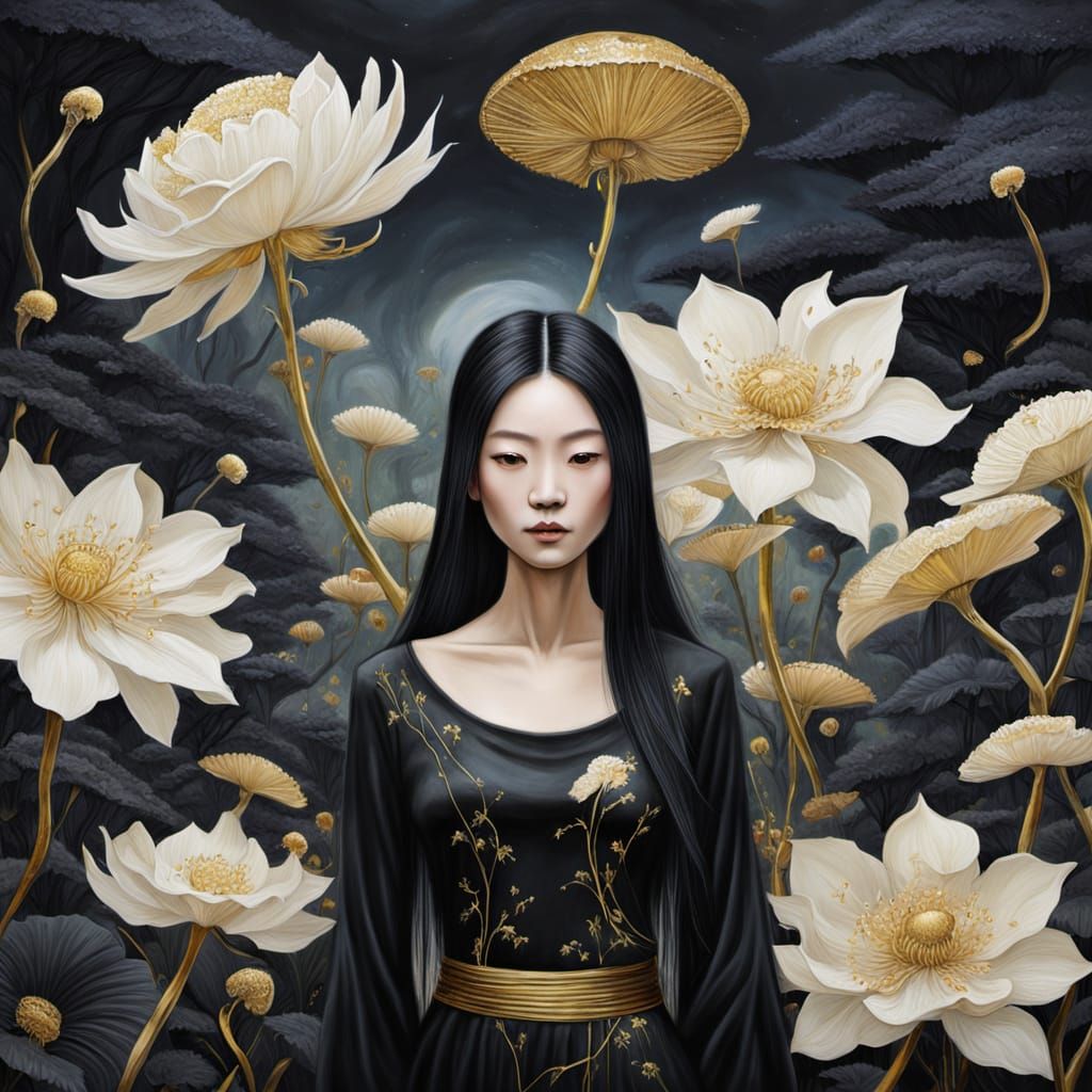 Slender Woman in Black and Gold Oil Painting