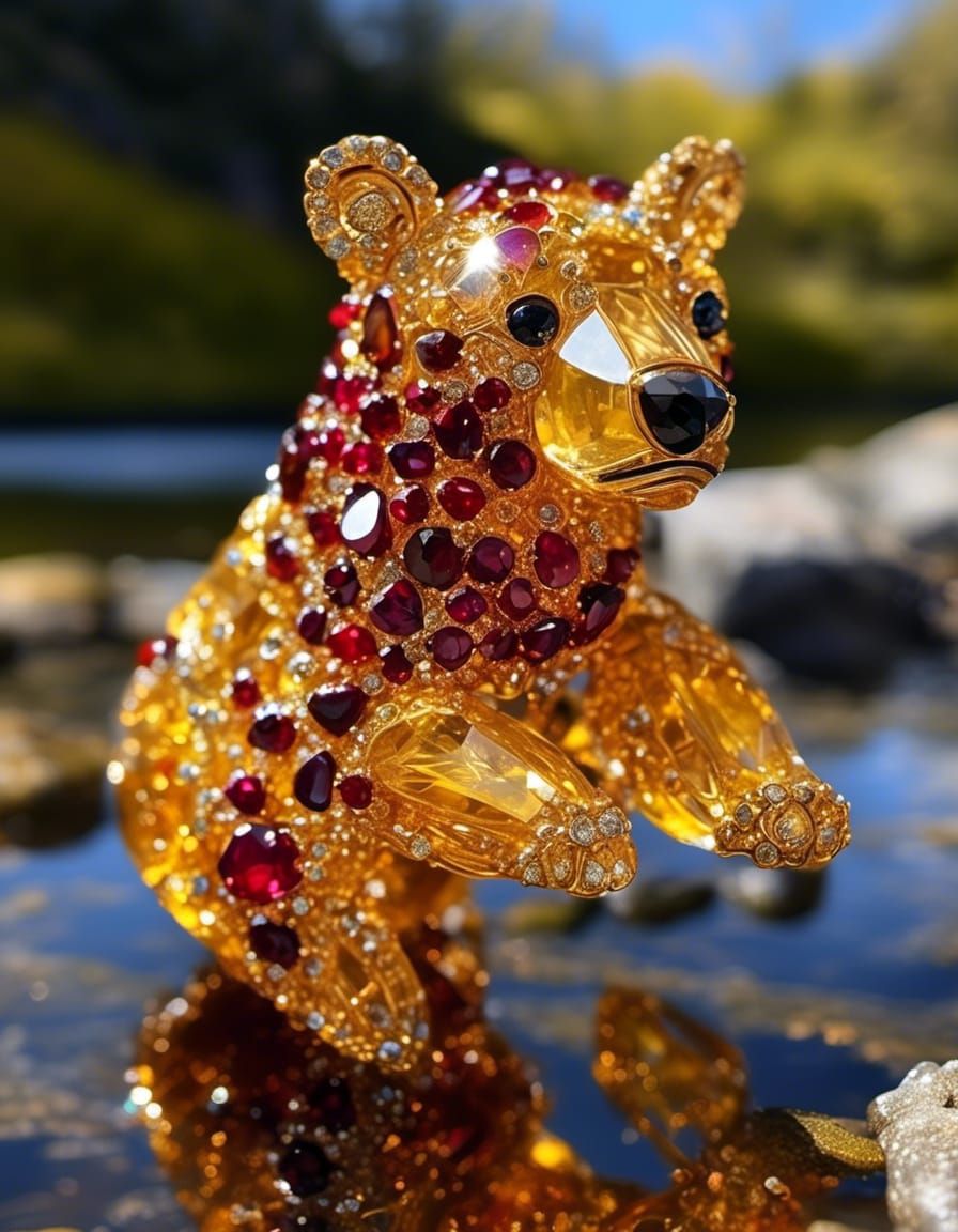 Bejeweled Amber Bear Frolicking in a Stream