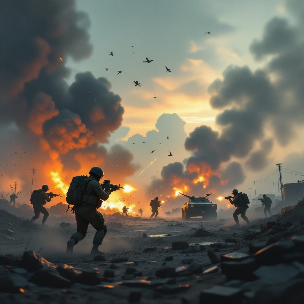 Chaotic Military Combat in War-Torn Landscape