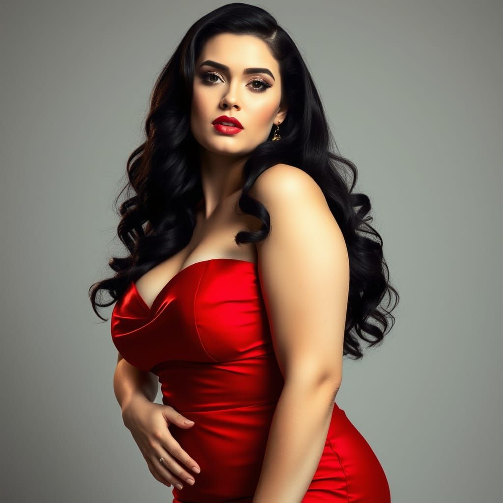 Glamorous Plus-Size Pin-Up Girl in Red Evening Gown