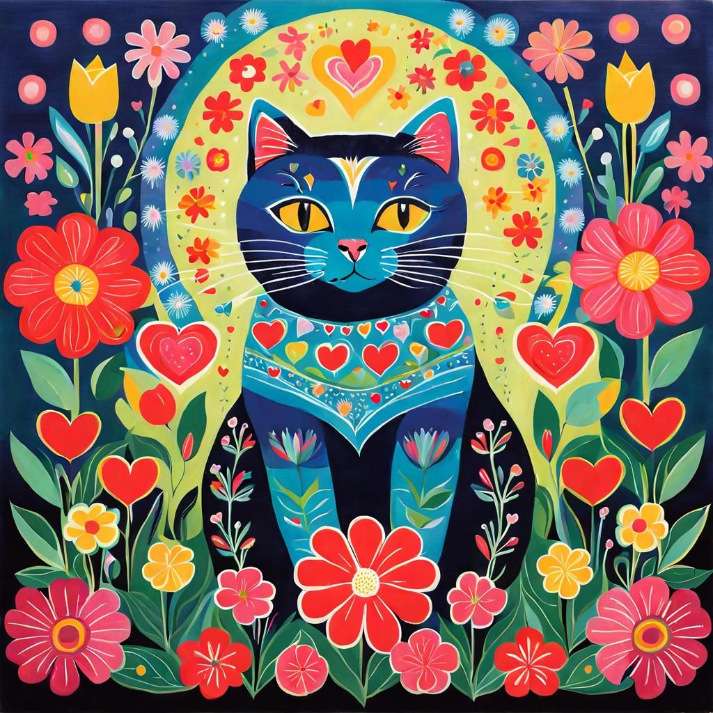 Cat Surrounded by Flowers in Abstract Style