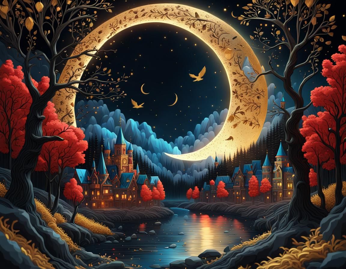 Crystal Moon Over Night Forest: Palekh Style