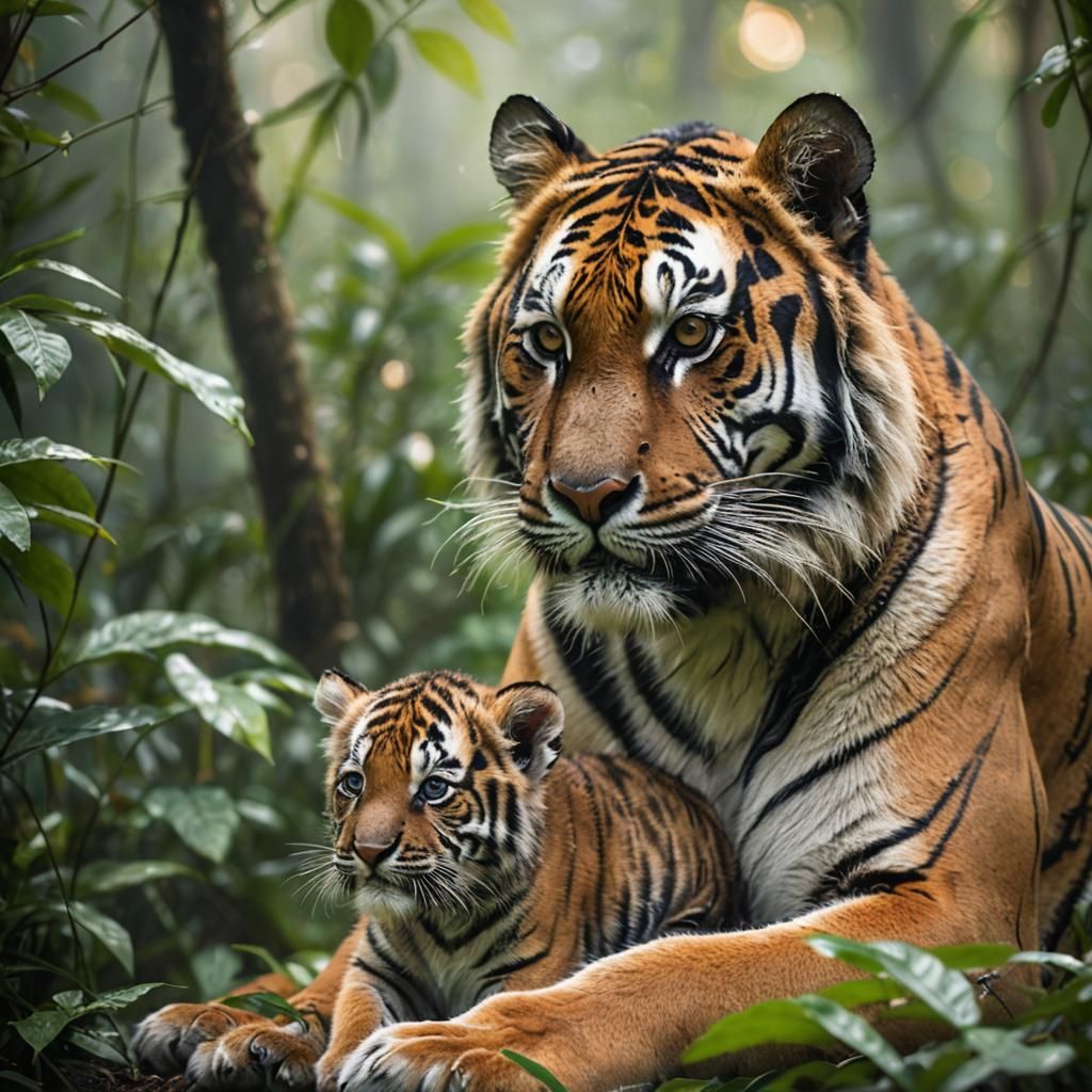 Tiger and Cub in Jungle: Wildlife Photography