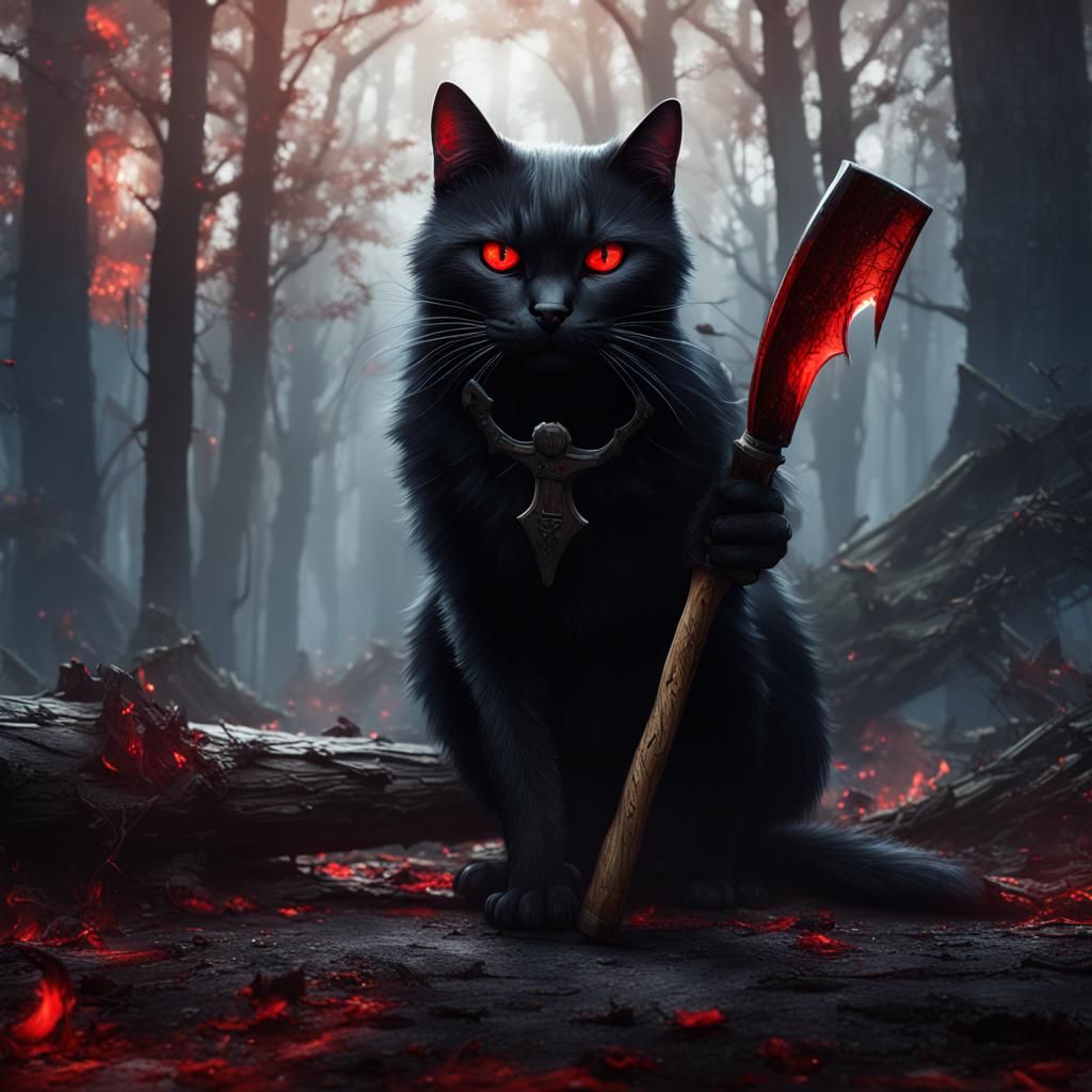 Scary Black Cat with Hatchet: Fantasy Concept Art