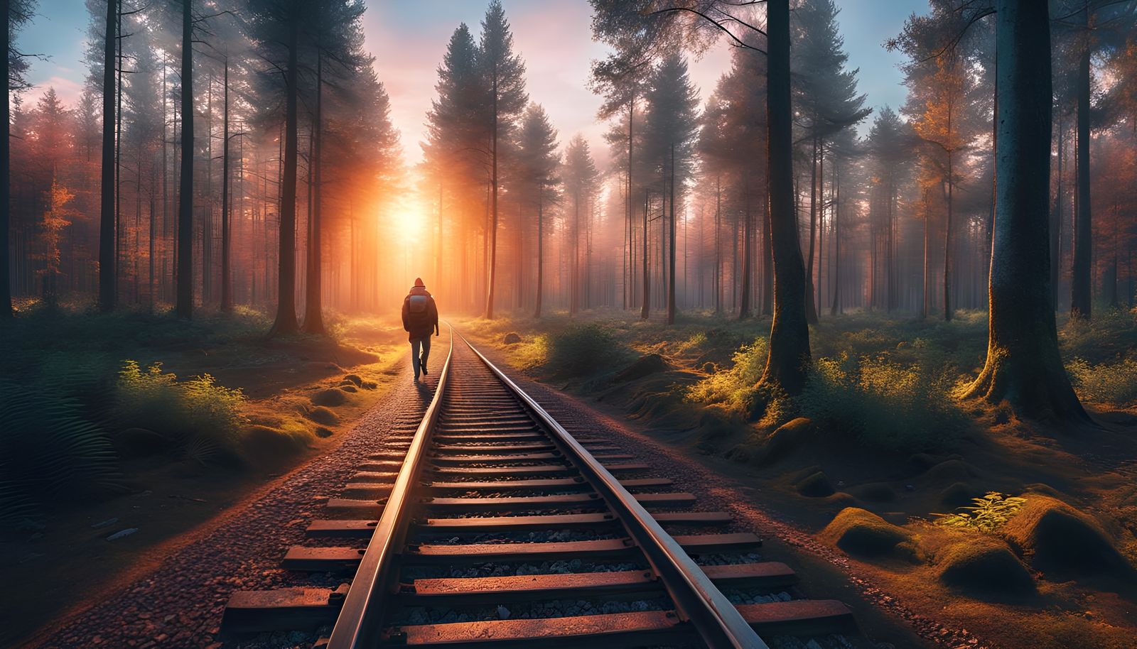 Traveler on Abandoned Tracks in a Sunset Forest