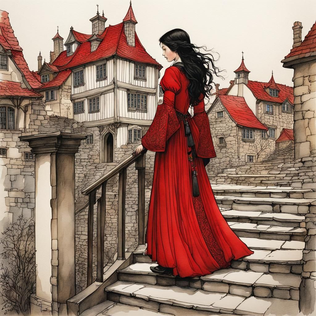Medieval Girl on Stairs: Rackham-Style Illustration