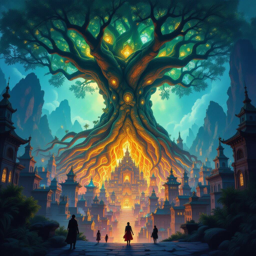 Glowing Tree Roots Illuminate Underground City in Gouache St...