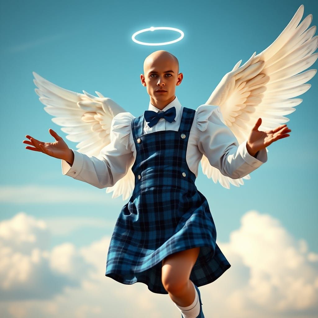 Angel in Majestic School Uniform with Resplendent Wings