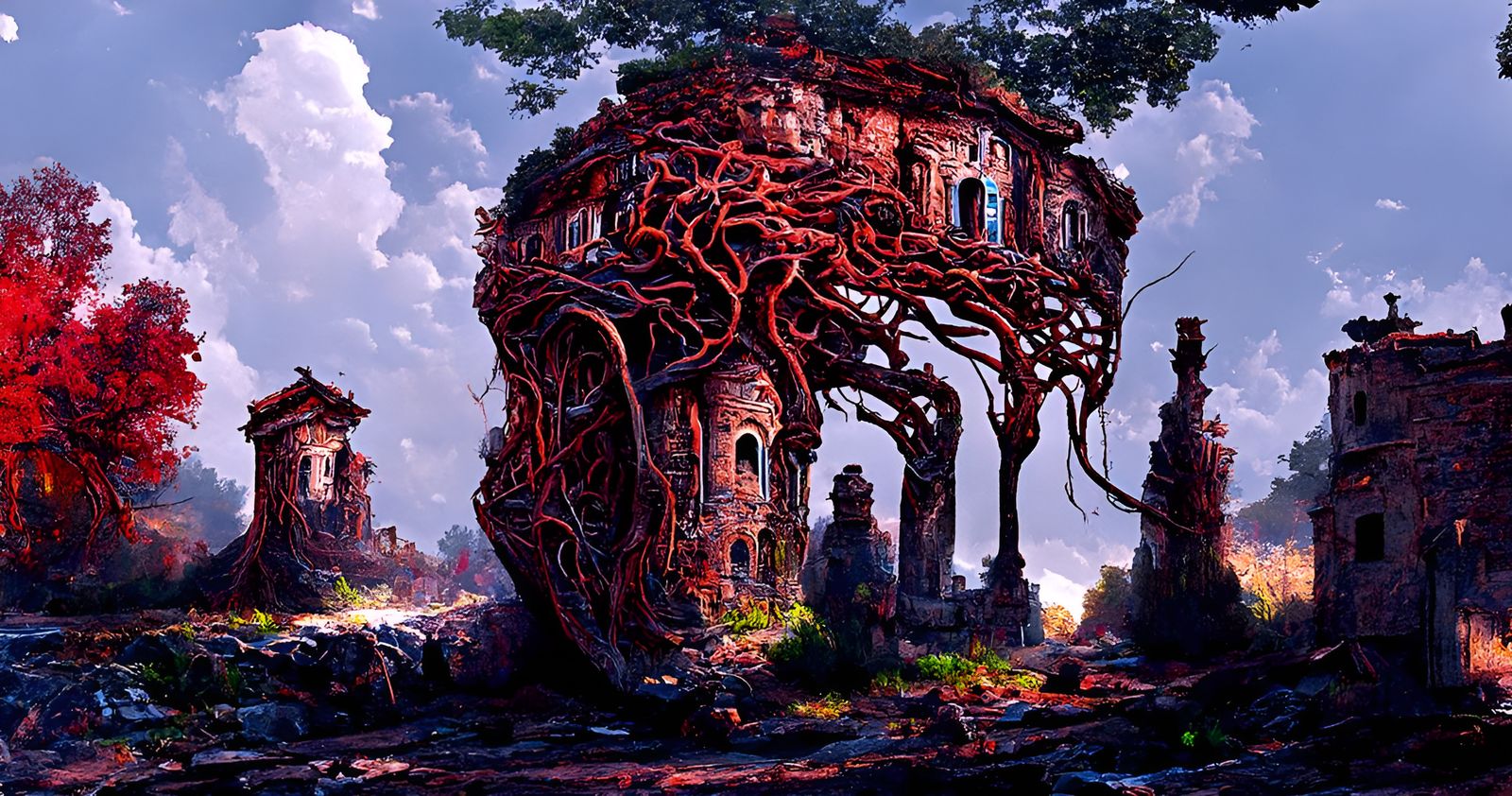 Haunted Tree Roots in Crumbling Ruins: Digital Painting