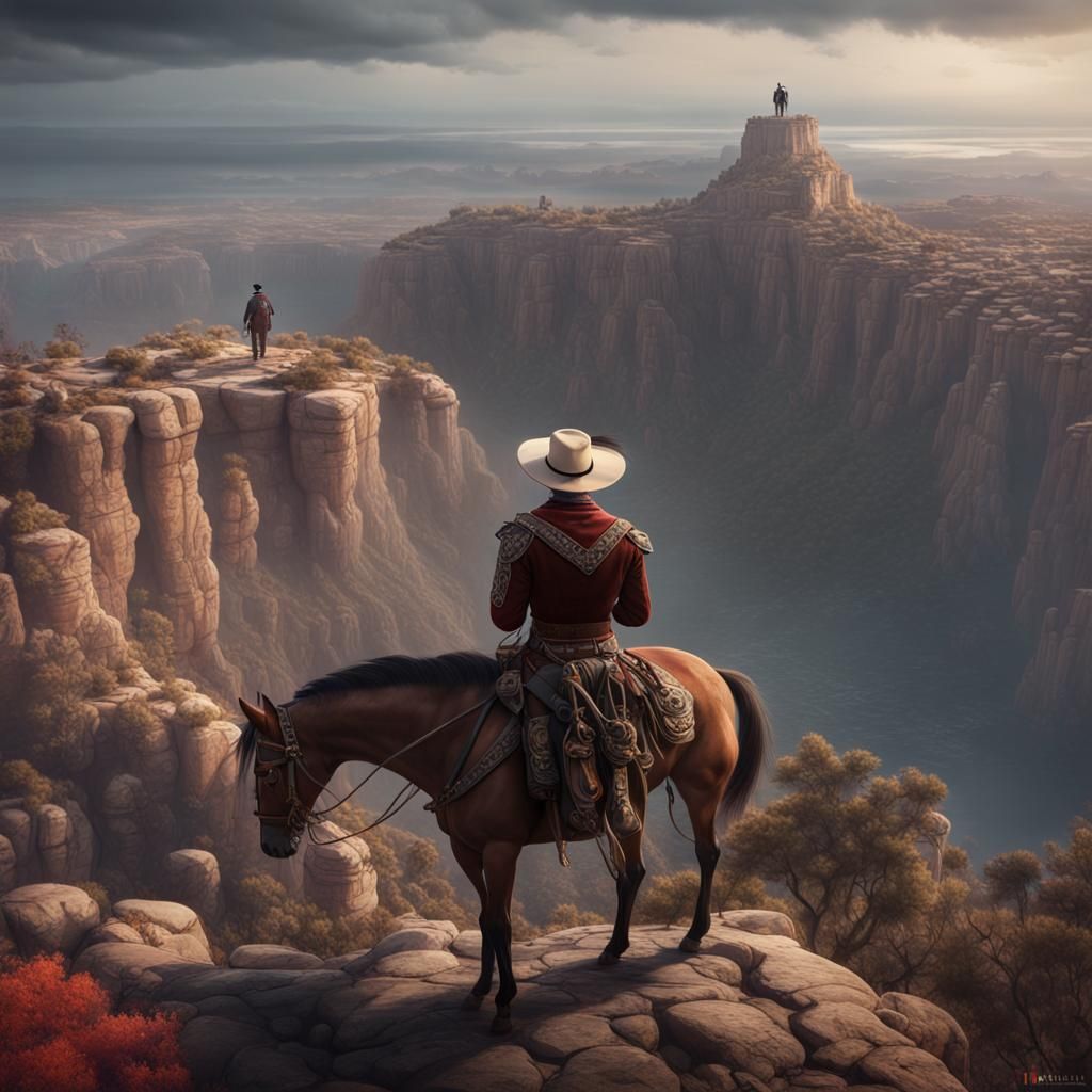 Charro and Horse Contemplating Horizon in Fantasy Art