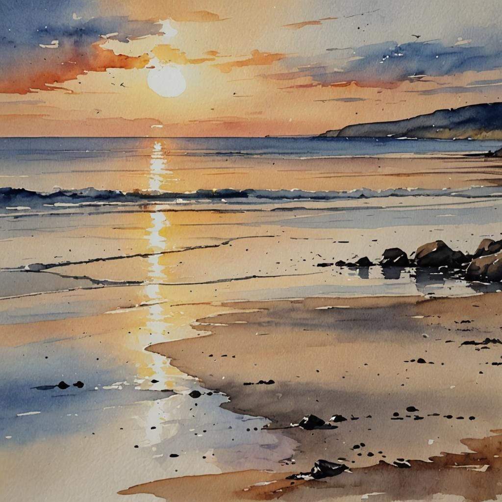 Sunset Beach Watercolor Painting