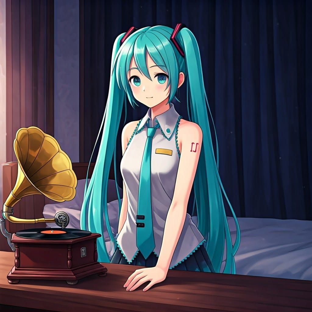 Hatsune Miku Plays Gramophone in Bedroom