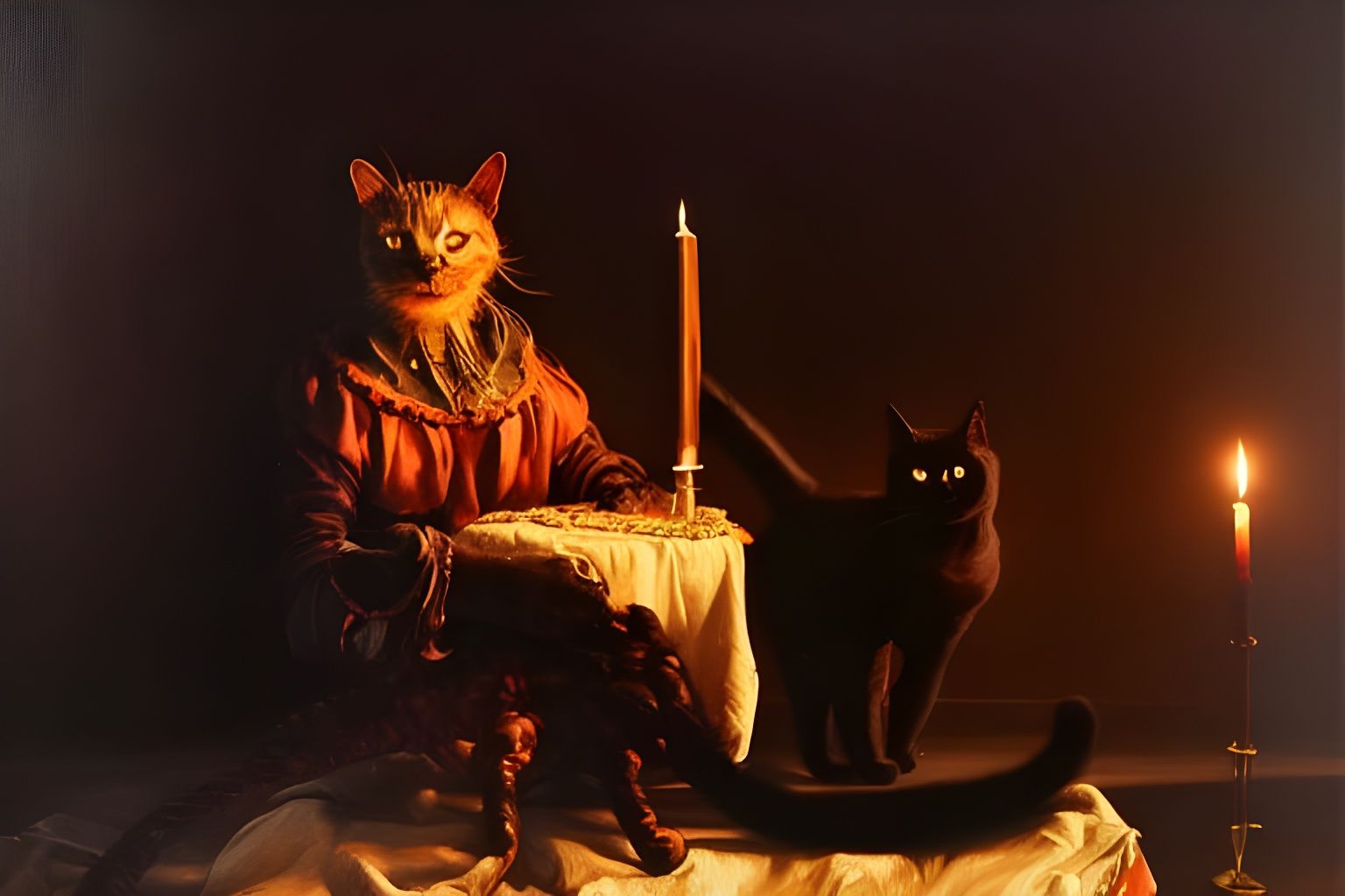 Black Cat Goddess in Renaissance Room, Hyperrealist Oil Pain...