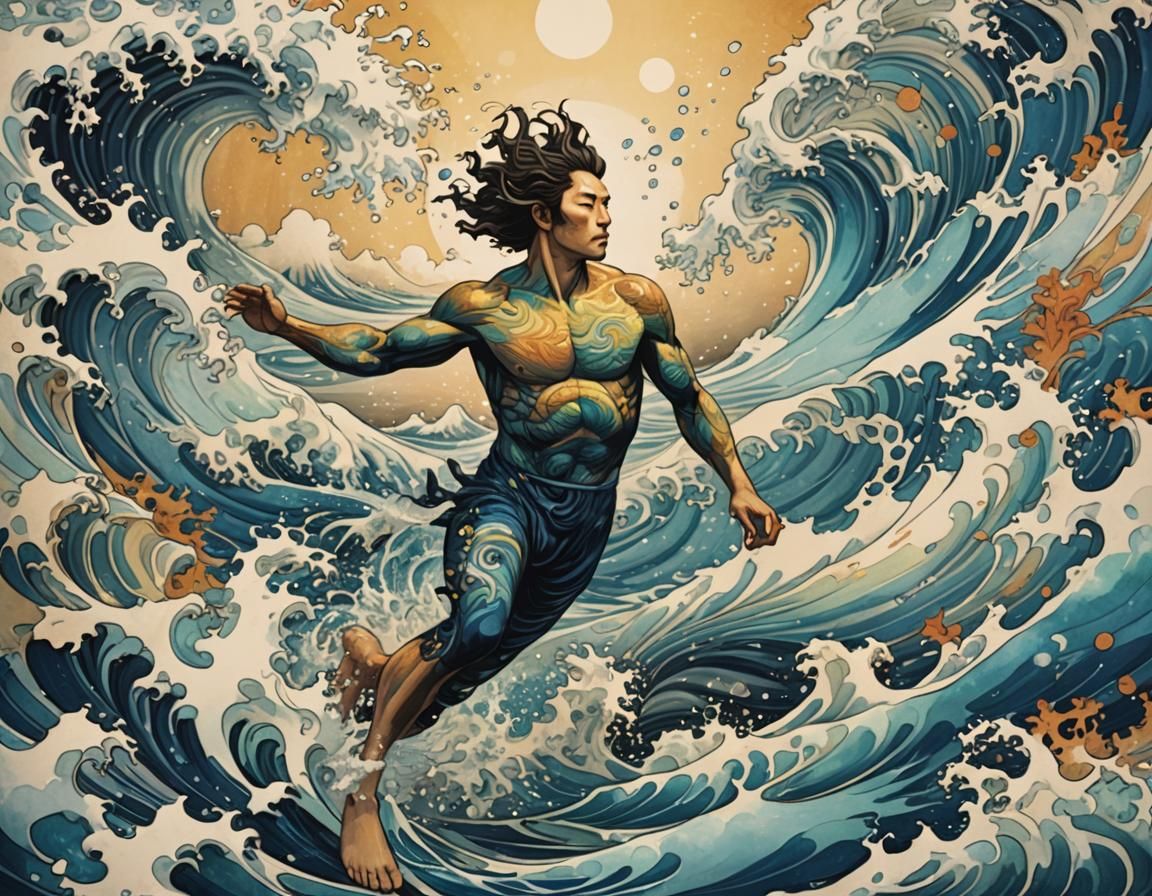 Iridescent Seascape with Swimmer: Hyperdetailed Concept Art