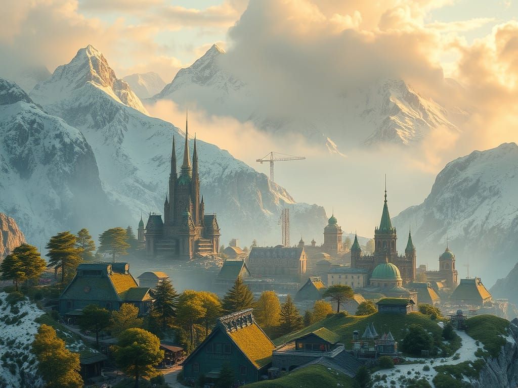 Ethereal Solar Punk Metropolis in the Mountains