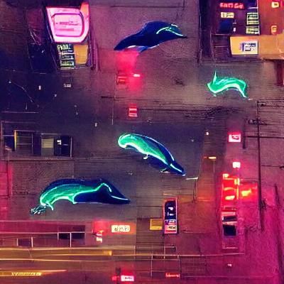 Whales Swim Through a Neon Cyberpunk City