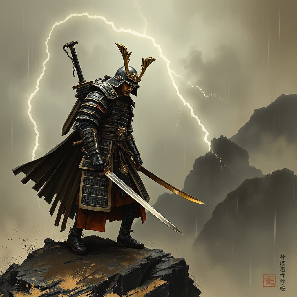Samurai Warrior in Storm, Inspired by Japanese Ink Wash
