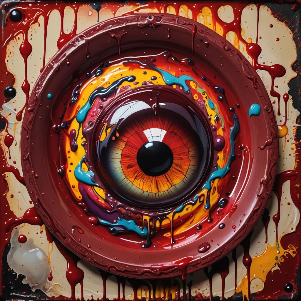 Surreal Jelly Eyeball on Red Plate in Graffiti Art