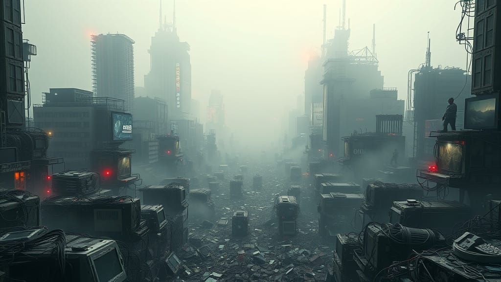Futuristic Metropolis Shrouded in Eerie Fog, Surrounded by E...