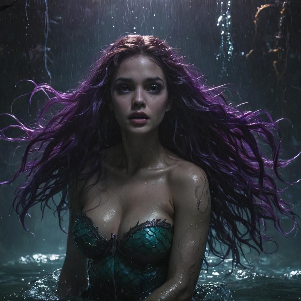 Gothic Mermaid Battles Aquaman in Dark Fantasy Style