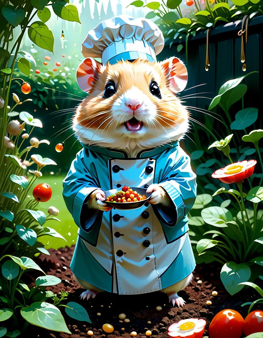 Adorable Hamster Chef in Garden, Digital Painting