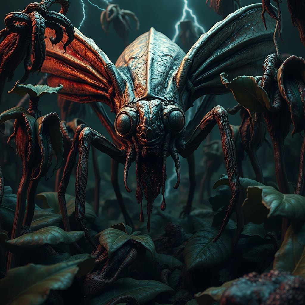 Grotesque Insectoid Alien in Garden of Horror