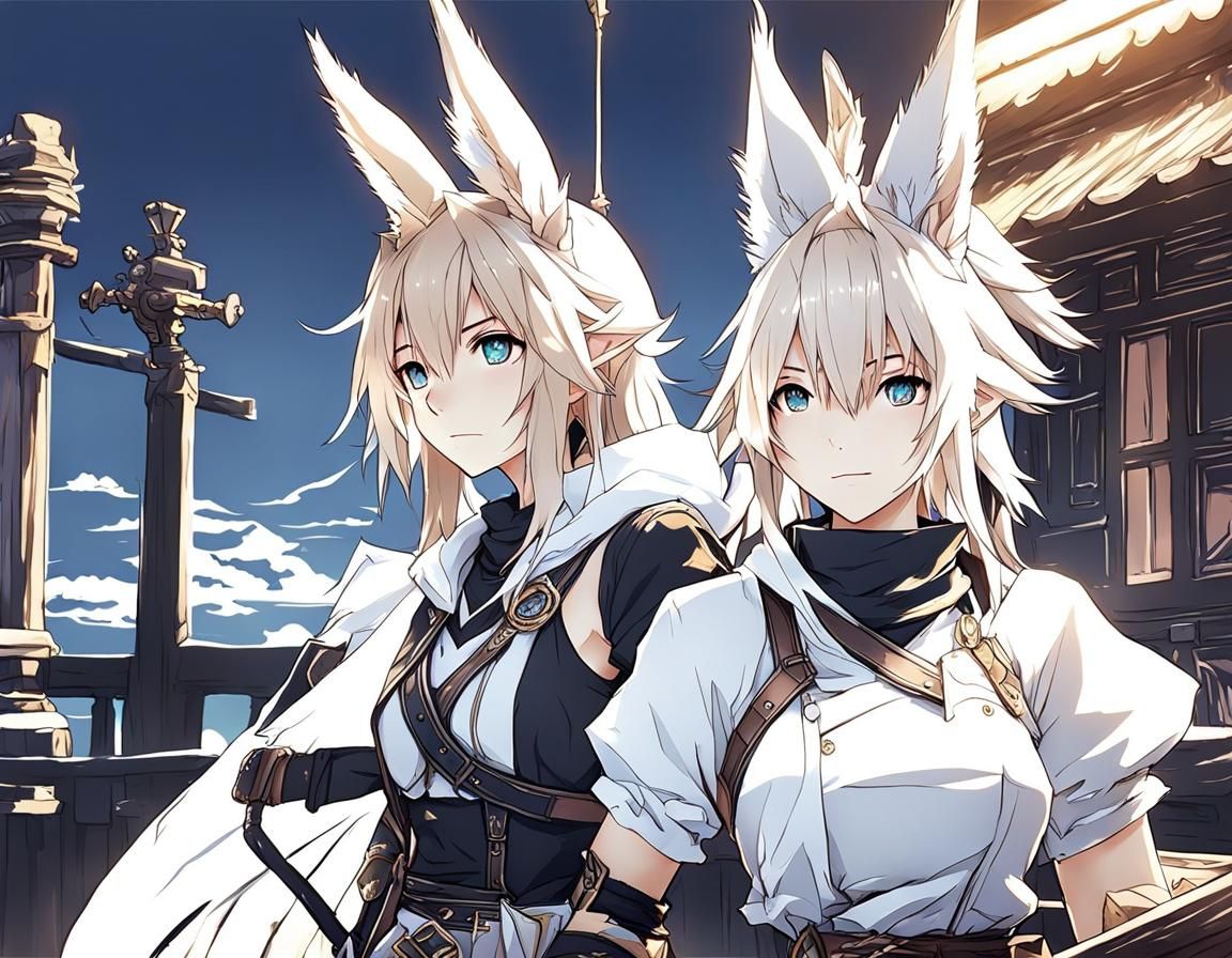 Miqo'te and Viera Lesbian Couple in Anime Style