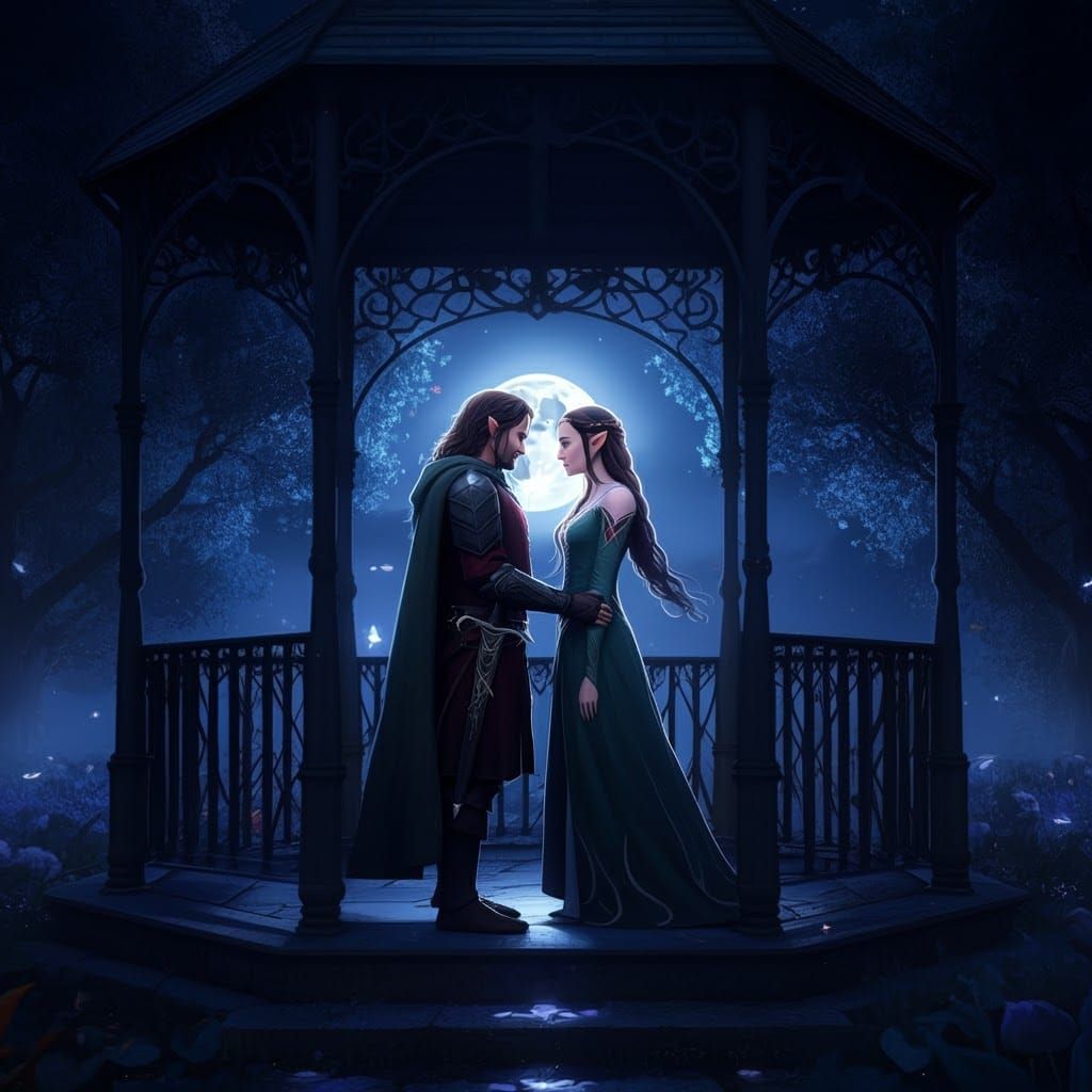 Romantic Elven Gazebo Scene in 3D Anime Style