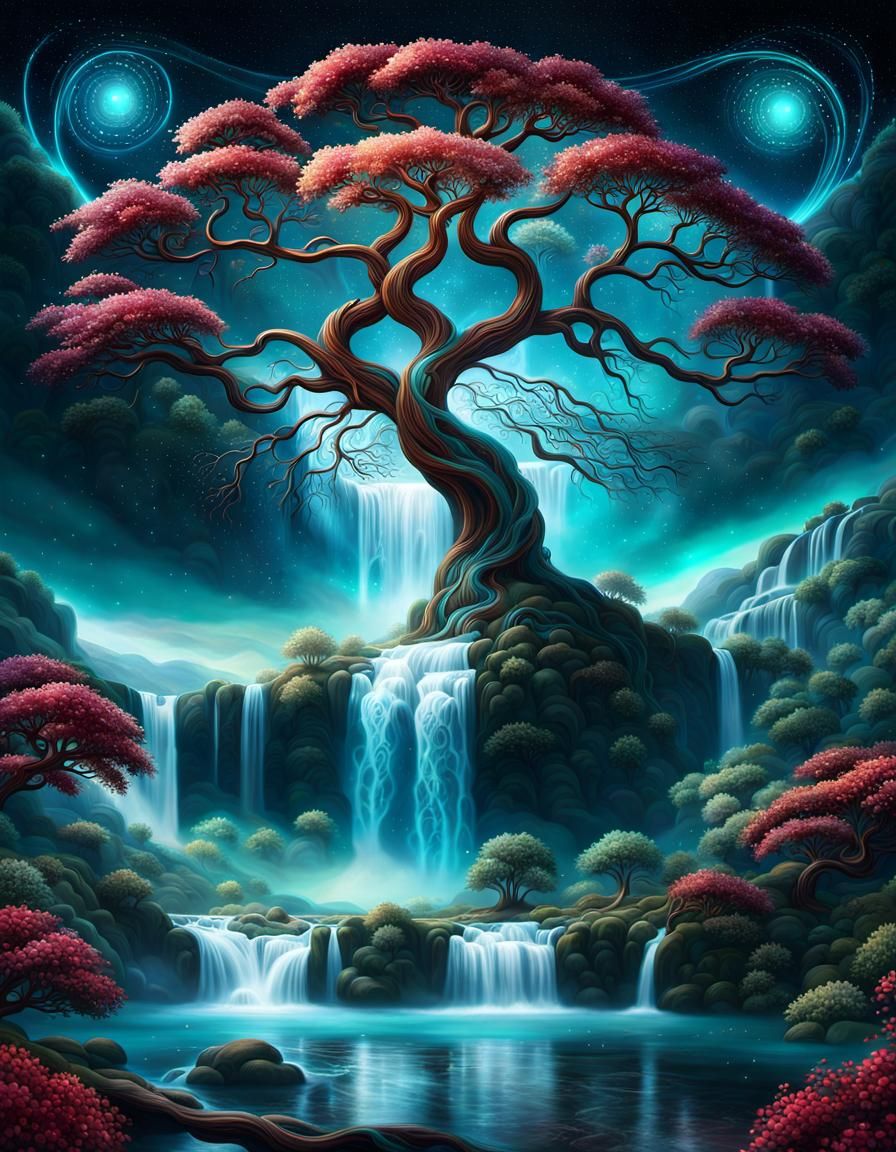 Yggdrasil Tree of Life and Waterfall in Art Nouveau Style