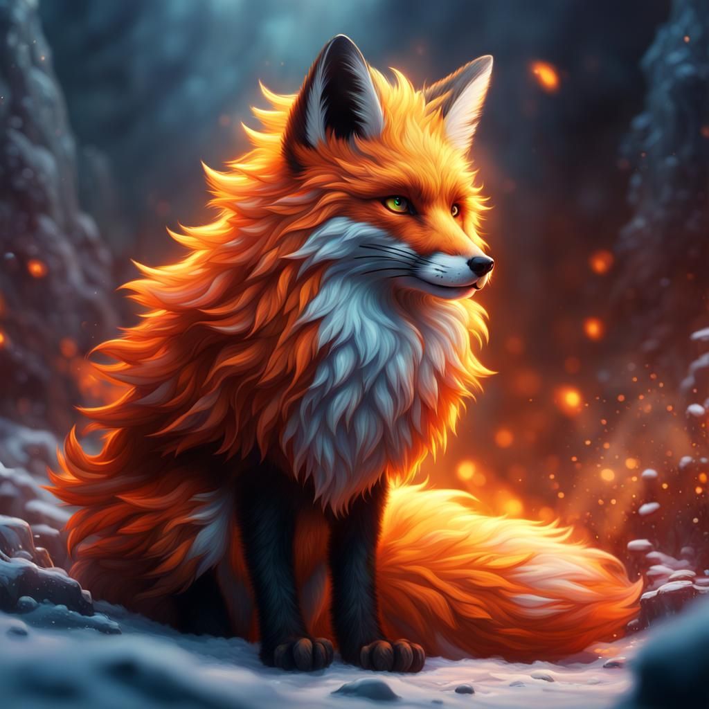Fluffy Fire Fox in Detailed Matte Painting Style