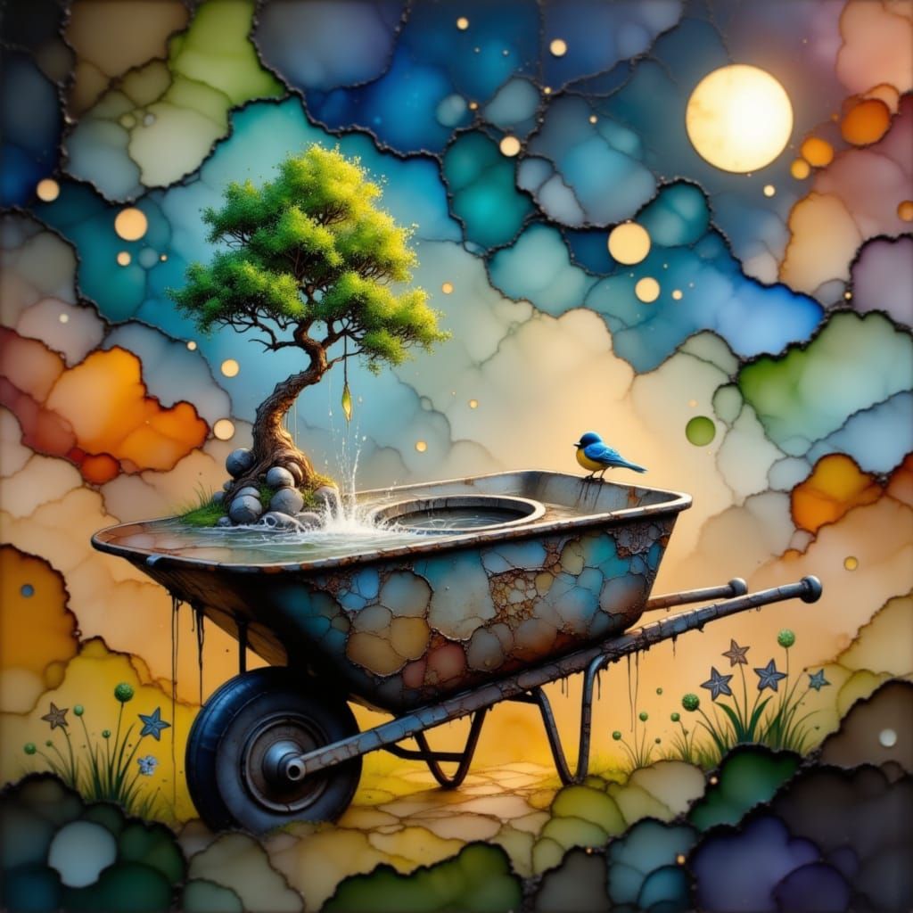 Micro Tree in Wheelbarrow with Surrealist Style