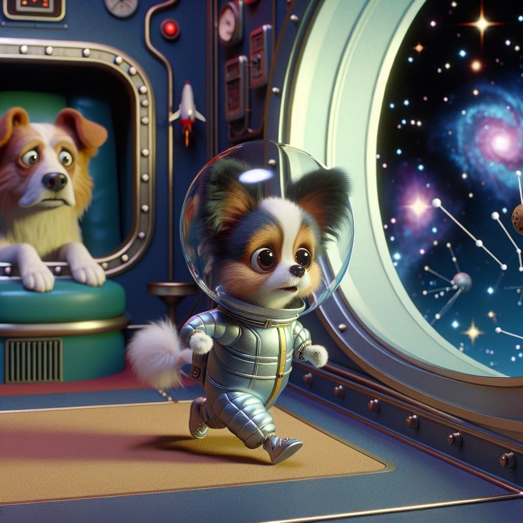 Disney Pixar style 3D adorable papillon dog, wearing a space suit, in space, trying to walk his little legs moving, tryi...