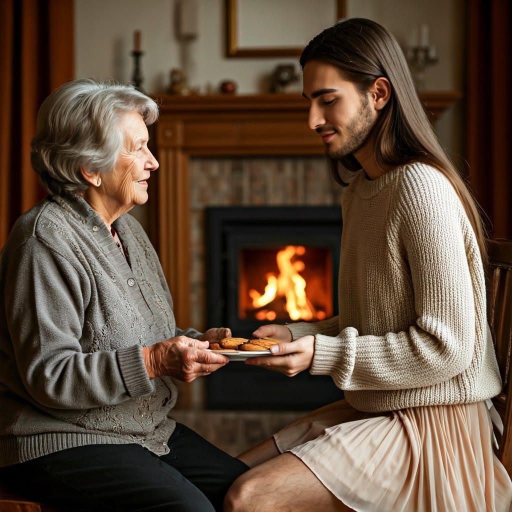 Grandmother Serves Cookies in Cozy Living Room